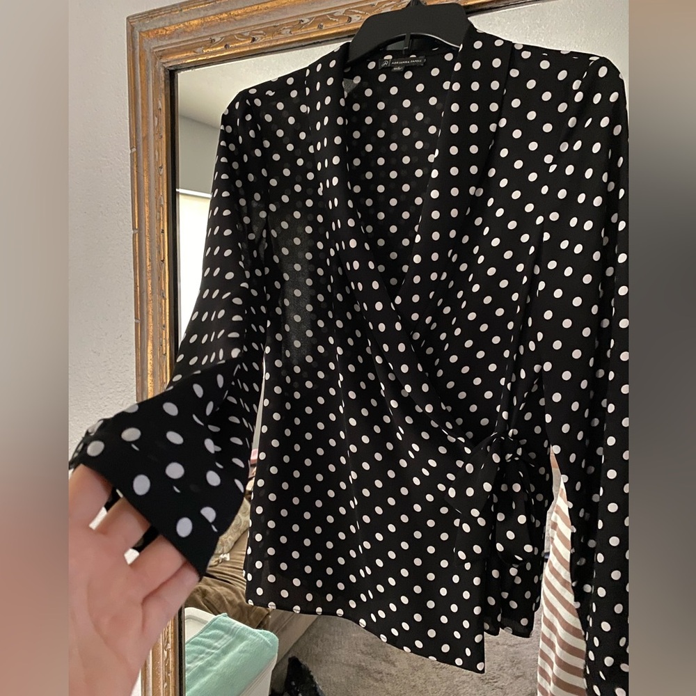 Adrianna Papell Black & White Polka Dot Wrap Blouse